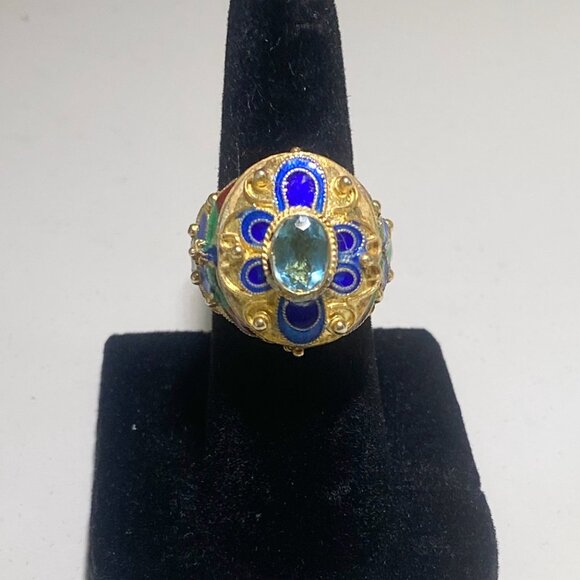 Barbara Garwood Blue Topaz Ring Mongolian Art 14K over Silver - Picture 2 of 2